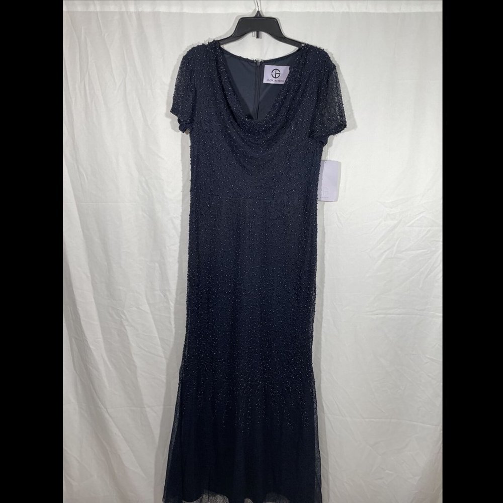NWT $358 JS Collection Cowl Neck Beaded Mesh Gown in Blue [SZ‎ 10 ] - Picture 4 of 12